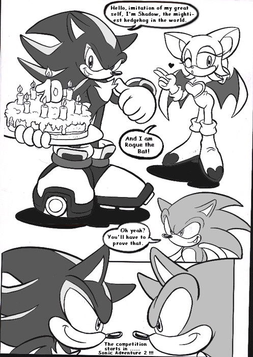 anthro birthday birthday_cake cake dessert dialogue female food group male speech_bubble trio ayamepso sega sonic_adventure sonic_the_hedgehog_(series) rouge_the_bat shadow_the_hedgehog sonic_the_hedgehog bat eulipotyphlan hedgehog mammal 2001 black_and_white digital_drawing_(artwork) digital_media_(artwork) greyscale monochrome sketch