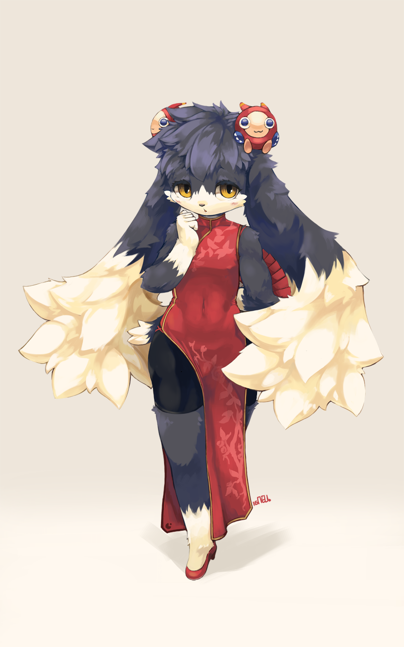 anthro asian_clothing black_body black_fur blush chinese_clothing chinese_dress clothed clothing crossdressing dipstick_ears dipstick_tail dress ear_markings east_asian_clothing footwear fur grey_background high_heels male markings multicolored_ears shoes simple_background solo tail tail_markings white_body white_fur arcticneu bandai_namco klonoa_(series) klonoa domestic_cat felid feline felis lagomorph mammal moo_(klonoa) 5:8 hi_res