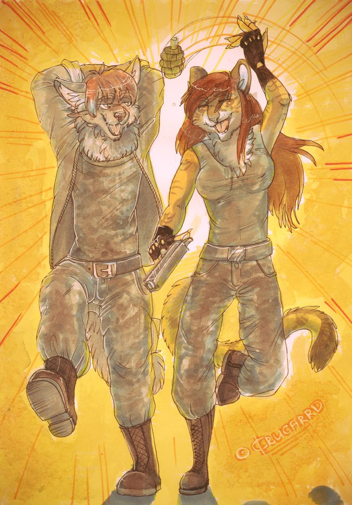 anthro clothed clothing duo explosives female fur grenade gun hair handgun male pistol ranged_weapon standing weapon arucarrd canid canine felid mammal