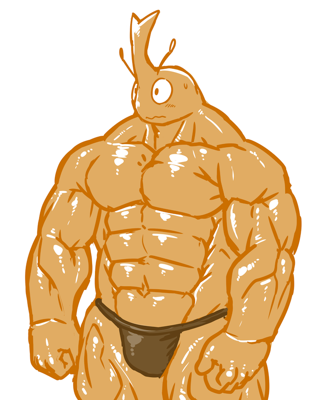 5_fingers abs antennae_(anatomy) anthro biceps big_biceps big_eyes big_muscles blush bodily_fluids brown_clothing clothed clothing fingers fist front_view glistening glistening_body huge_muscles humanoid_hands light male manly muscular muscular_anthro muscular_male navel no_pupils noseless orange_body pecs pose quads serratus shy simple_background skimpy solo sweat thick_neck thong topless triceps underwear white_background plain_white arthropod beetle insect 2016 colored digital_media_(artwork) flat_colors pinup portrait three-quarter_portrait