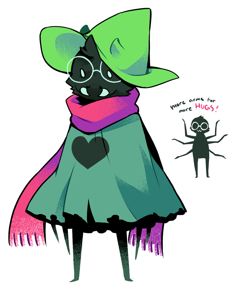 6_arms alternate_species chelicerae clothing eyewear fur glasses hat headgear headwear heart_symbol jackknife_chelicerae multi_arm multi_limb scarf solo standing text kiwifie deltarune undertale_(series) ralsei arachnid arthropod darkner spider 2018 english_text