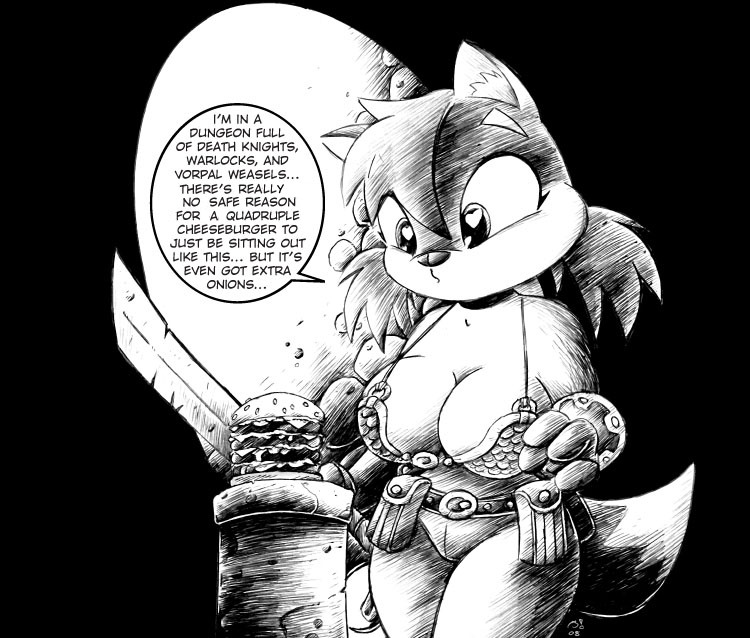 anthro armor big_breasts breasts burger cleavage clothed clothing female food heart_eyes heart_symbol holding_melee_weapon holding_object holding_sword holding_weapon melee_weapon solo sword text unconvincing_armor weapon drake_fenwick canid canine fox mammal english_text monochrome