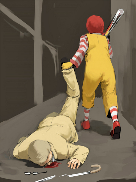 baseball_bat bat_(object) blood bodily_fluids broken_sword cane death duo eyewear glasses male mascot melee_weapon not_furry sword weapon weapon_on_shoulder what unknown_artist kfc mcdonald's colonel_sanders ronald_mcdonald human mammal 3:4