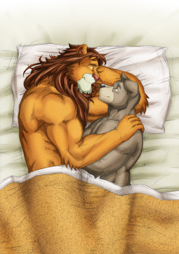 anthro bed biceps big_muscles distance duo furniture male male/male muscular muscular_male pillow pose ryuu_majin canid canine canis domestic_dog felid lion mammal pantherine comic