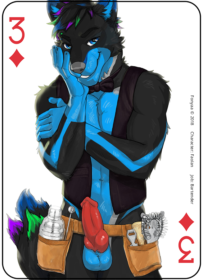 abs animal_genitalia animal_penis anthro balls biceps biped black_body black_fur blue_body blue_eyes blue_fur bottomless bow_(feature) bow_tie canine_genitalia canine_penis card card_template clothed clothing copyright_symbol diamonds_(suit) erection eyebrow_piercing facial_piercing fur genitals hair knot looking_at_viewer male muscular muscular_anthro muscular_male navel pecs penis piercing playing_card playing_card_template simple_background smile solo standing suit_symbol symbol text three_of_diamonds waiter white_background fonyaa faolan_aviternal canid canine canis hybrid mammal wolfdog 2018 digital_media_(artwork) english_text