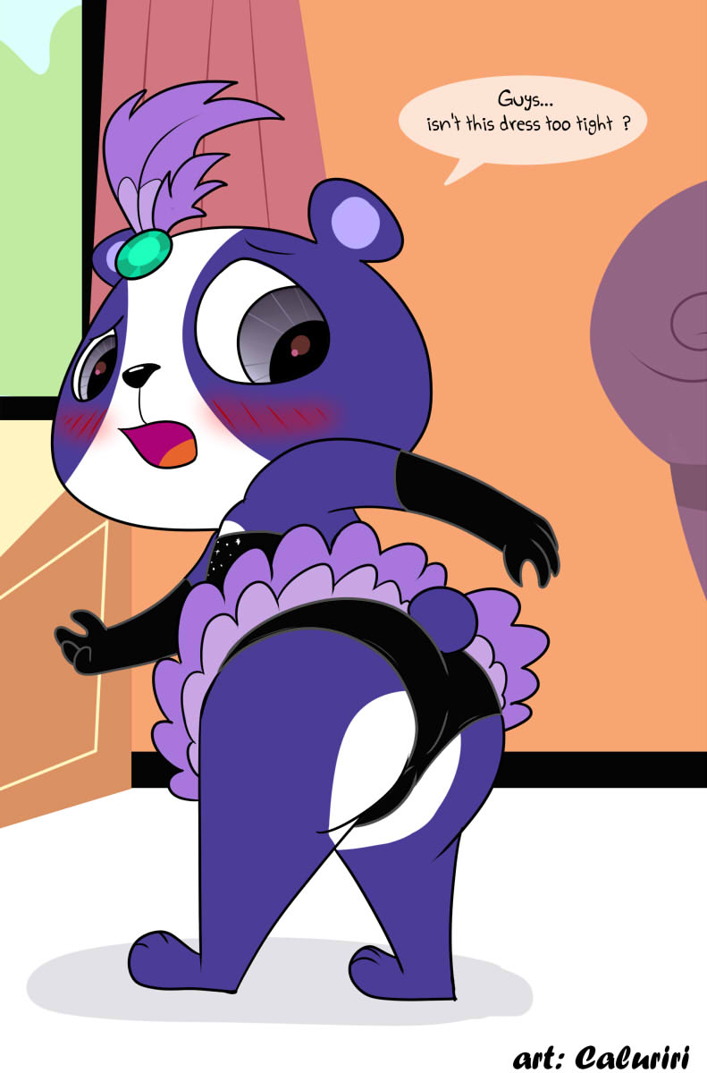 black_clothing black_panties black_underwear blush butt cabaret clothed clothed_feral clothing dress feathers female feral gem panda_tail panties paws presenting presenting_hindquarters solo underwear caluriri hasbro littlest_pet_shop littlest_pet_shop_(2012) penny_ling bear giant_panda mammal hi_res