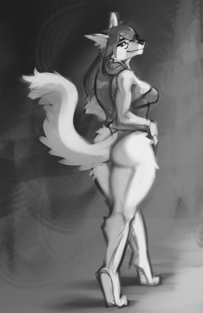 anthro barefoot breasts butt digitigrade eyewear feet female fur glasses hair round_glasses simple_background smile solo standing tail walking temils doggylaw canid canine canis domestic_dog mammal 2020 digital_media_(artwork) monochrome