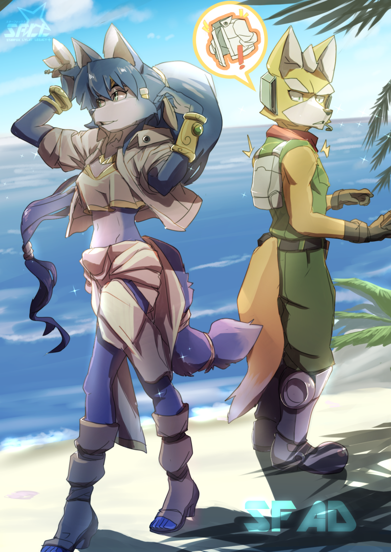 anthro blue_body blue_fur blue_hair breasts canon_couple clothed clothing duo female fur hair male white_body white_fur layeyes nintendo star_fox fox_mccloud krystal_(star_fox) canid canine fox mammal 2014