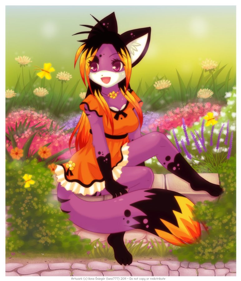 4_toes anthro barefoot clothing dress feet female flower open_mouth plant smile solo tail toes luna777 akemi_(luna777) felid mammal