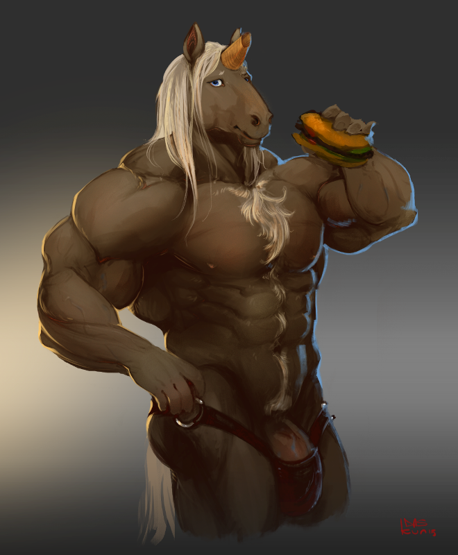 abs anthro biceps big_muscles blue_eyes body_hair brown_body brown_fur burger chest_hair clothed clothing food front_view fur genitals gradient_background hair happy_trail holding_food holding_object horn long_hair looking_at_viewer male muscular muscular_anthro muscular_male obliques pecs penis penis_base pink_penis simple_background snout solo standing tail thong underwear white_hair white_tail daskun mythology equid equine mammal mythological_creature mythological_equine unicorn 2015 digital_media_(artwork) half-length_portrait portrait signature