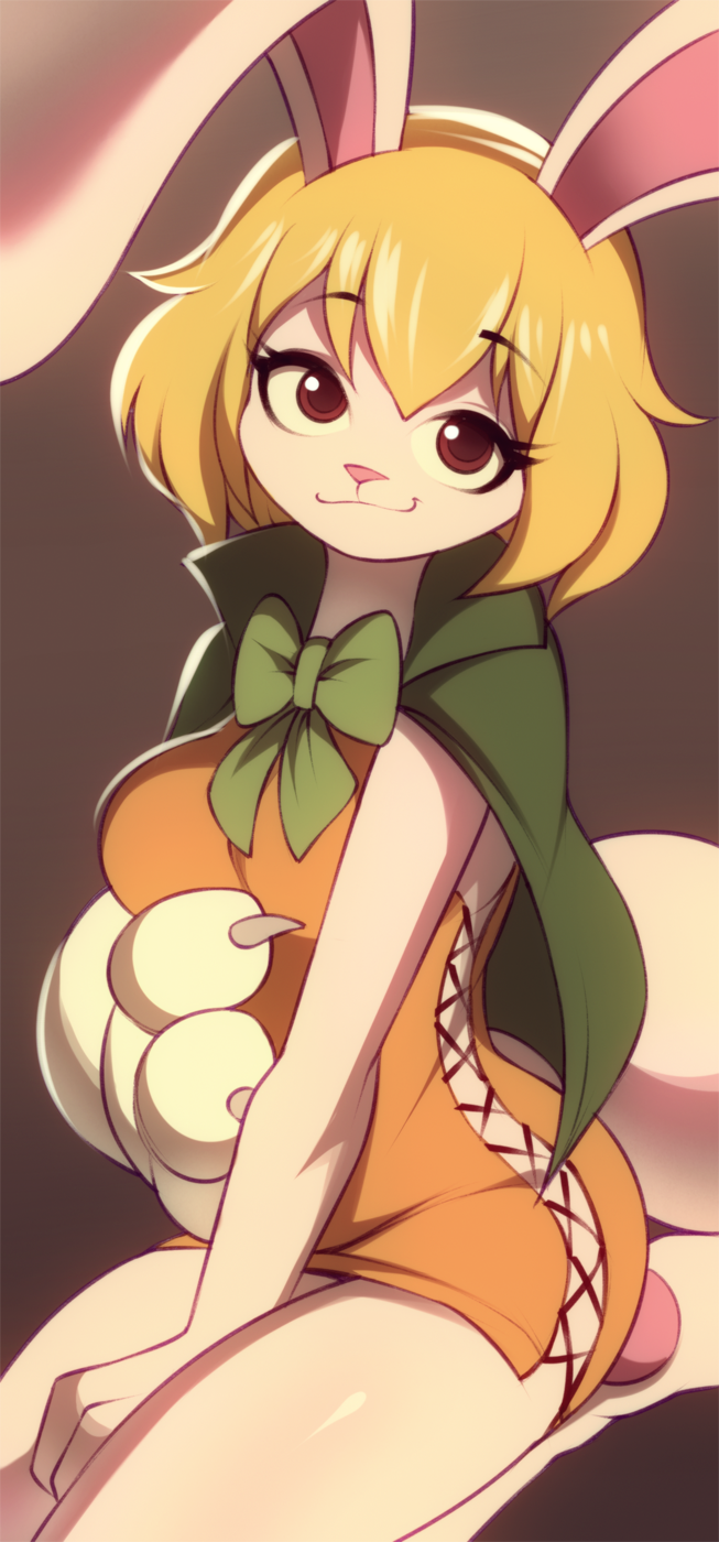 anthro blonde_hair clothed clothing female fur hair kneeling no_underwear sideless_clothing sideless_dress smile solo white_body white_fur wildblur one_piece carrot_(one_piece) lagomorph leporid mammal minkmen_(one_piece) rabbit 2023 hi_res