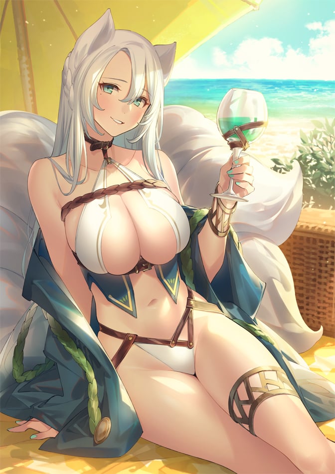 basket beach beach_towel beverage bikini bikini_bottom bikini_top blue_eyes braided_hair choker clothing cloud colored_nails container cup drinking_glass female fox_ears fox_tail fur glass glass_container glass_cup hair jewelry looking_at_viewer multi_tail nails navel necklace picnic_basket sea seaside sky smile solo swimwear tail towel two-piece_swimsuit water white_body white_fur white_hair wine_glass poppuqn afk_arena asian_mythology east_asian_mythology japanese_mythology lilith_games mythology solise_(afk_arena) animal_humanoid canid canid_humanoid canine canine_humanoid fox_humanoid fox_spirit humanoid mammal mammal_humanoid yokai