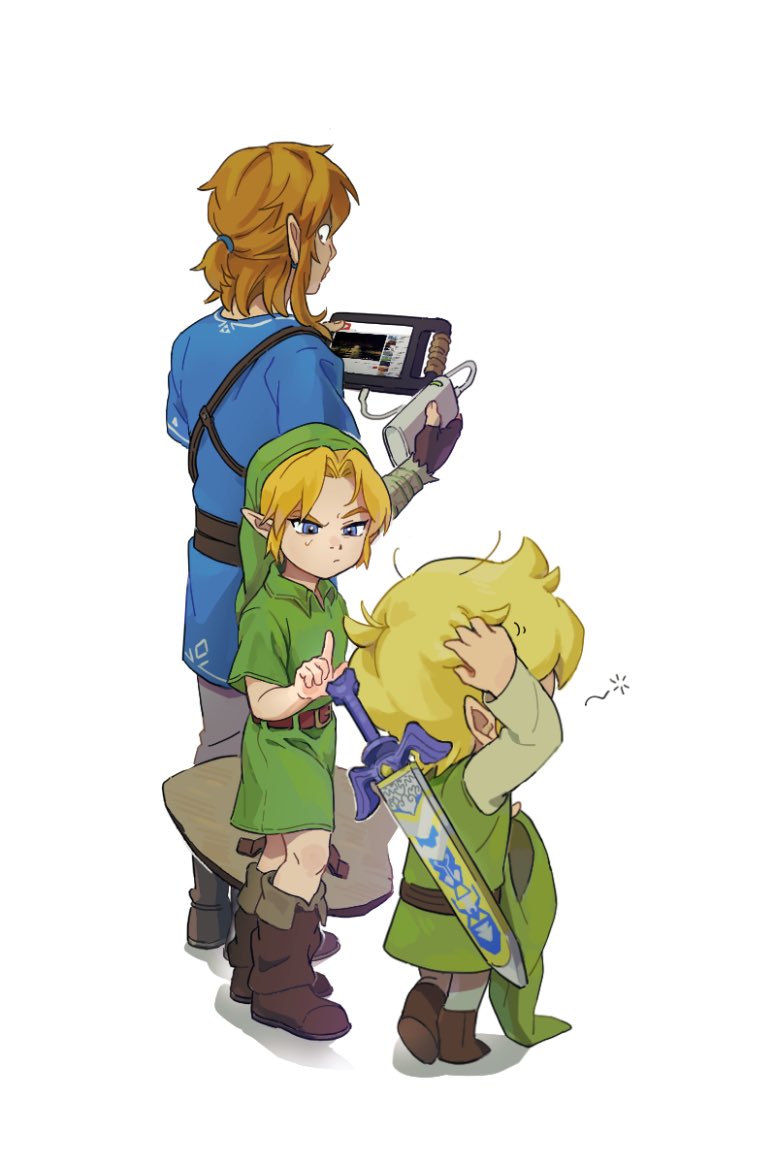 being_watched blonde_hair clothing footwear group hair humanoid_pointy_ears light_body light_skin looking_at_another male master_sword melee_weapon not_furry pointy_ears ponytail sheikah_slate simple_background square_crossover sword tablet_computer trio weapon eunjuragi breath_of_the_wild nintendo ocarina_of_time the_legend_of_zelda wind_waker link toon_link young_link elf humanoid hylian