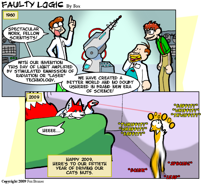 2_panel_comic anthro before_and_after clothing coat dialogue feral furniture group happy humor inside lab_coat laser laser_pointer male one_finger_up onomatopoeia raised_finger smile sofa sound_effects speech_bubble text topwear wall_(structure) white_lab_coat tempestryder faulty_logic fox_(faulty_logic) canid canine canis domestic_cat felid feline felis fox human mammal red_fox true_fox 2009 english_text