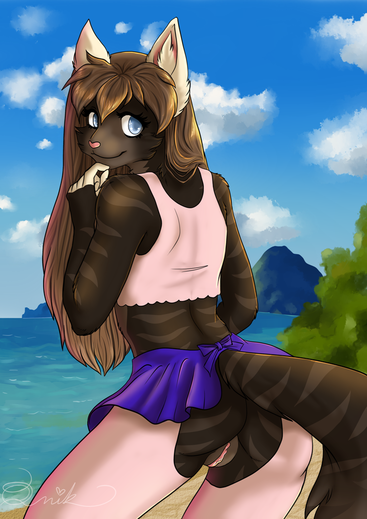 5_fingers anthro backless_skirt beach biped black_body black_fur black_tail blue_eyes bottomwear brown_hair butt cheek_tuft clothed clothing cloud countershade_torso countershading crop_top easy_access eyelashes facial_tuft female fingerless_(marking) fingers fluffy fluffy_tail fur furgonomic_bottomwear furgonomics genitals grey_body grey_countershading grey_fur grey_stripes grey_tail hair humanoid_hands inner_ear_fluff legwear light long_hair looking_back markings midriff mountain multicolored_body multicolored_fur nature no_underwear outside pink_nose pink_pussy plant presenting presenting_hindquarters presenting_pussy pussy rear_view sand sea seaside shadow shirt shrub skirt sky smile snout solo standing striped_body striped_fur striped_markings striped_tail stripes tail tail_button_bottoms tail_clothing tail_markings tank_top thigh_highs topwear tuft two_tone_tail water white_body white_fur q-nik kiara_aman domestic_cat felid feline felis mammal 2018 digital_media_(artwork) lighting portrait signature three-quarter_portrait