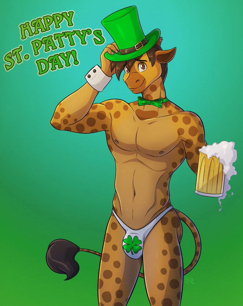 alcohol anthro beer beer_glass beverage bow_tie bulge clothing clover_(plant) clover_leaf four_leaf_clover hat headgear headwear holidays leaf male panties_bulge plant shamrock simple_background solo tail tail_tuft thong top_hat tuft underwear wristband conditional_dnp kadath st._patrick's_day patrick_(kadath) giraffe giraffid mammal digital_media_(artwork) shaded signature