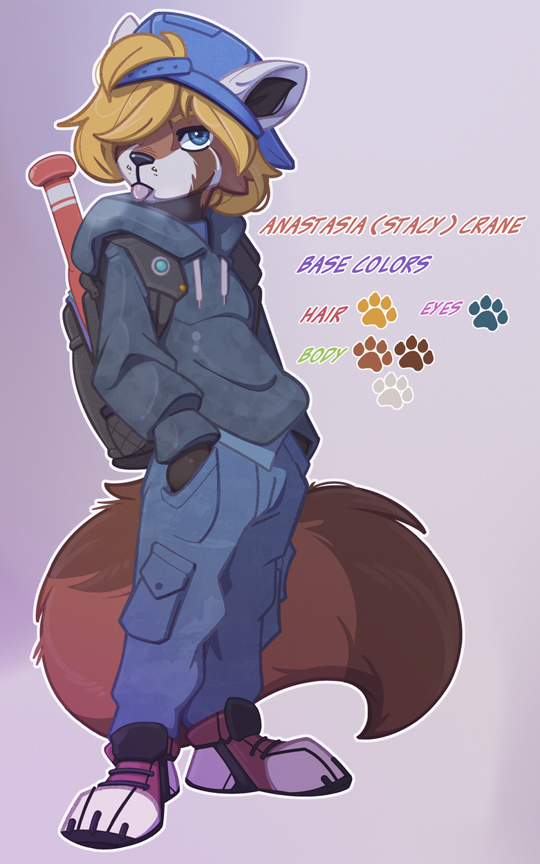anthro backpack backwards_baseball_cap backwards_hat baseball_bat baseball_cap bat_(object) big_tail blonde_hair blue_eyes bottomwear clothing denim denim_bottomwear denim_clothing female footwear hair hat headgear headwear hoodie jeans pants shoes solo tail tongue tongue_out topwear zeiro the_crane_family stacy_crane ailurid mammal red_panda 2022 hi_res model_sheet