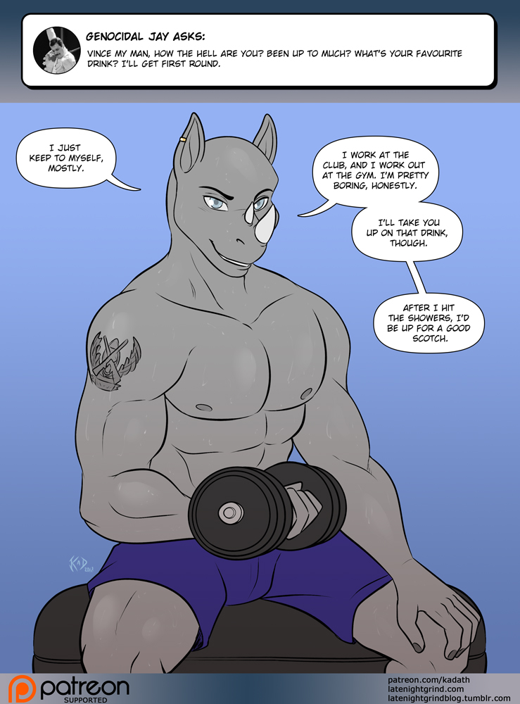 anthro ask_blog biped blue_eyes bodily_fluids bottomwear clothed clothing dialogue dumbbell ear_piercing horn male muscular muscular_anthro muscular_male partially_clothed piercing shorts sitting solo speech_bubble sweat tattoo text topless weights conditional_dnp kadath vince_(kadath) mammal rhinoceros comic digital_media_(artwork) english_text