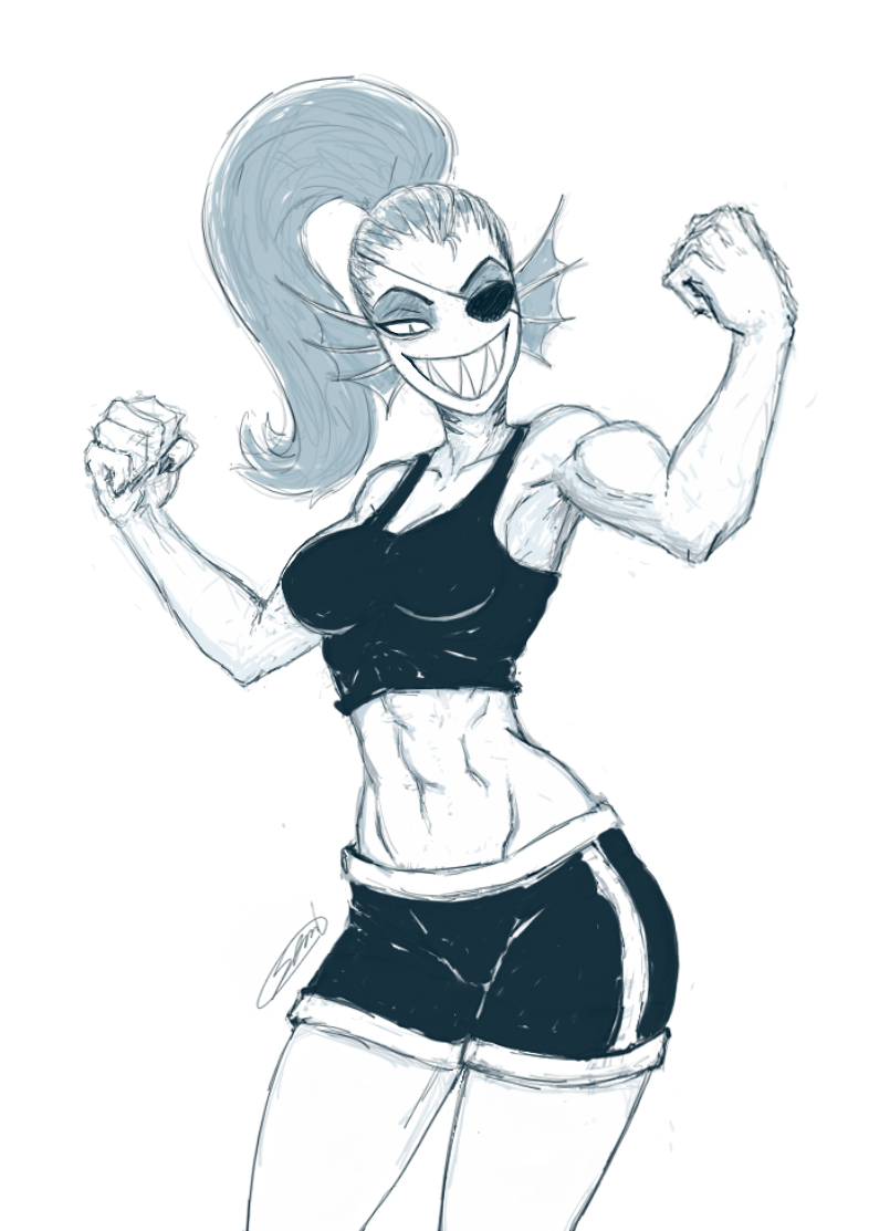 clothed clothing eye_patch eyewear female flexing grin hair long_hair muscular muscular_female ponytail simple_background smile solo white_background sem-l-grim undertale undertale_(series) undyne animal_humanoid fish fish_humanoid humanoid marine marine_humanoid 2016 monochrome sketch