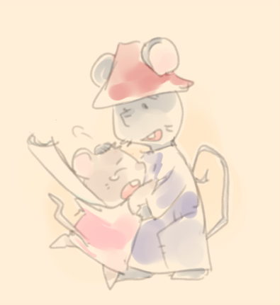 anthro biped bodily_fluids clothed clothing dot_eyes duo eyes_closed hat headgear headwear hug simple_background tears tmim gamba_no_bouken gamba_no_bouken_(series) chuuta shijin mammal mouse murid murine rodent 2023 low_res