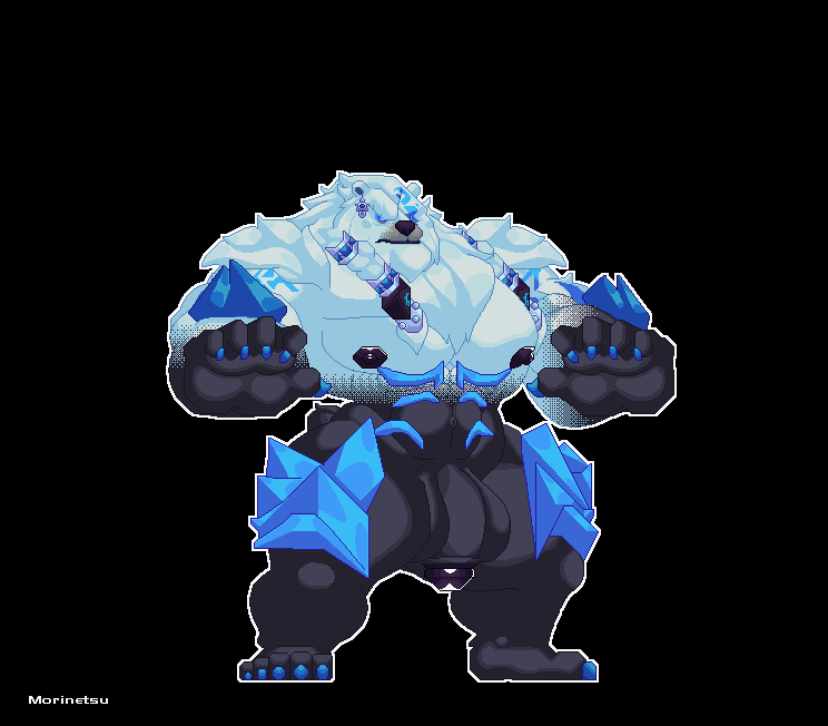 anthro balls barazoku butt_slap clothing ear_piercing ear_ring erection feet flaccid genitals humanoid_genitalia idle_animation legwear male male/male moobs muscular muscular_anthro muscular_male nipples penis piercing pose ring_piercing running shards sitting slap tattoo taunting thigh_highs thunder walking morinetsu league_of_legends mugen riot_games tencent volibear bear deity mammal ursine animated digital_media_(artwork) loop pixel_(artwork) short_playtime