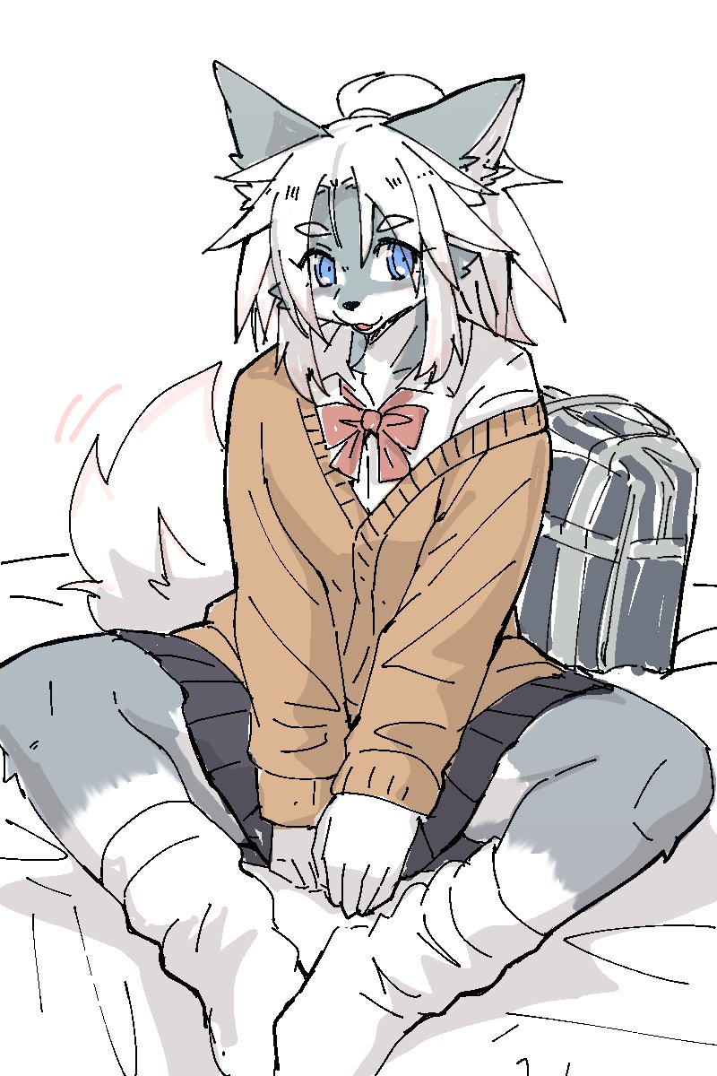 anthro backpack bed blue_eyes bottomwear bow_tie clothing female footwear fur furniture grey_body grey_fur hair on_bed school_uniform sitting sitting_on_bed skirt socks solo sweater tail tail_motion tailwag topwear uniform ookamiwaho okami_bark canid canine canis mammal wolf 2:3 hi_res