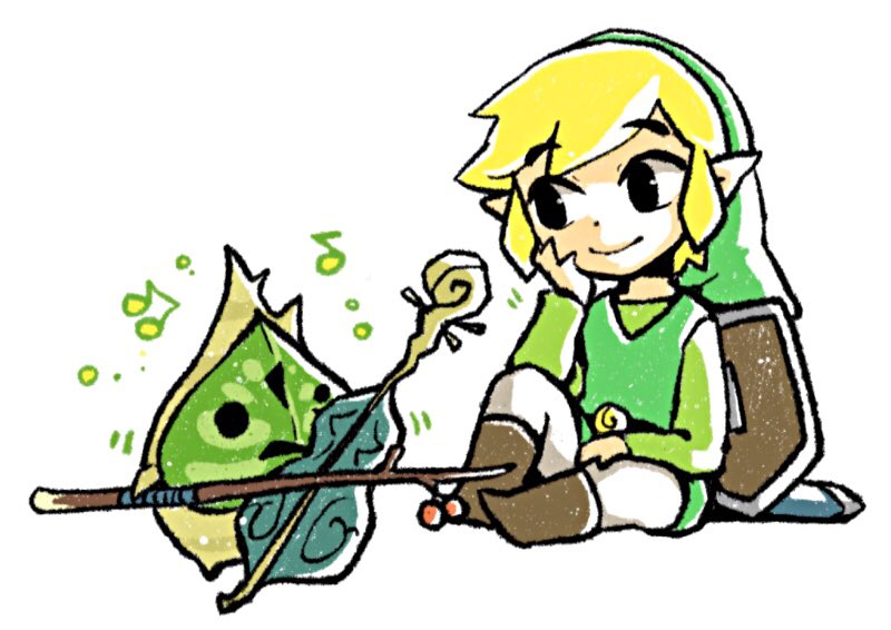 blonde_hair boots clothing duo footwear hair humanoid_pointy_ears light_body light_skin male musical_instrument musical_note musical_symbol not_furry pointy_ears shoes simple_background sitting smile symbol gari_osushi nintendo the_legend_of_zelda wind_waker makar toon_link humanoid hylian korok