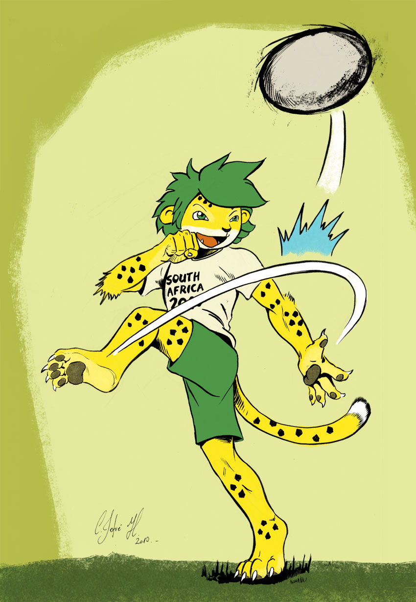 anthro ball green_eyes green_hair hair male mascot pawpads paws soccer_ball solo tail negy zakumi felid leopard mammal pantherine 2010 hi_res