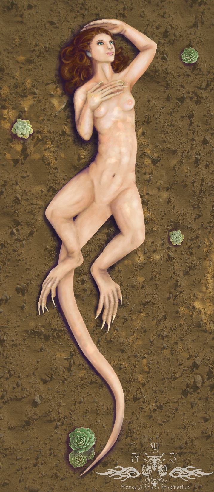 animal_limbs anthro breasts brown_hair female green_eyes hair navel nude on_ground pose solo tail transformation what ykoriana human hybrid iguana iguanid lizard mammal reptile scalie hi_res pinup