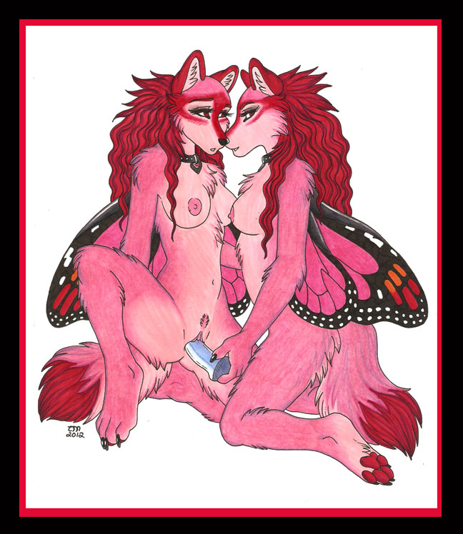 anthro black_border border breasts collar dildo dipstick_tail duo female female/female fur genitals hair holding_dildo holding_object holding_sex_toy insect_wings markings penetration pink_body pink_fur pubes pussy red_hair selfcest sex sex_toy square_crossover tail tail_markings toying_partner vaginal wings luthien_nightwolf maraschino arthropod butterfly butterfly_furry canid canine canis hybrid insect lepidopteran mammal wolf 2012 traditional_media_(artwork)