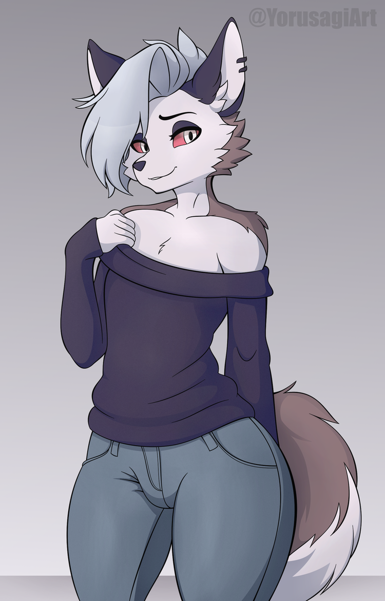 anthro bare_shoulders bottomwear clothed clothing crossgender denim denim_bottomwear denim_clothing ear_piercing ear_ring femboy fluffy fluffy_tail ftm_crossgender fully_clothed fur grey_body grey_fur grey_hair hair inner_ear_fluff jeans long_sleeves male pants piercing red_sclera ring_piercing solo sweater tail topwear tuft white_body white_fur wide_hips yorusagi helluva_boss mythology loona_(helluva_boss) canid canid_demon canine demon hellhound mammal mythological_canine mythological_creature