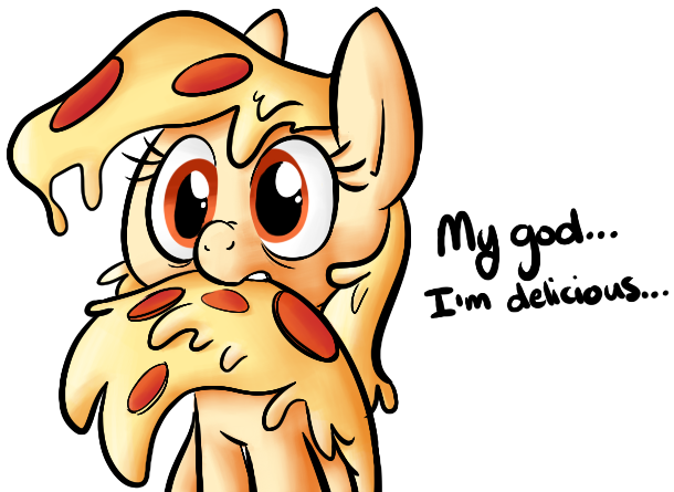 autocannibalism blonde_hair cheese dairy_products dialogue eating female feral food food_hair goo_hair hair melted_cheese orange_body orange_eyes pepperoni pizza pseudo_hair simple_background solo text white_background briskby hasbro my_little_pony fan_character mozzarella_orgy_(oc) earth_pony equid equine food_creature food_pony horse mammal pizza_pony pony english_text