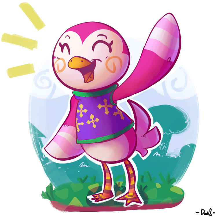 anthro beak clothing eyelashes eyes_closed feathers female happy open_mouth outside pink_body pink_feathers smile solo tail tail_feathers tongue white_body white_feathers dooks animal_crossing nintendo midge_(animal_crossing) avian bird 1:1