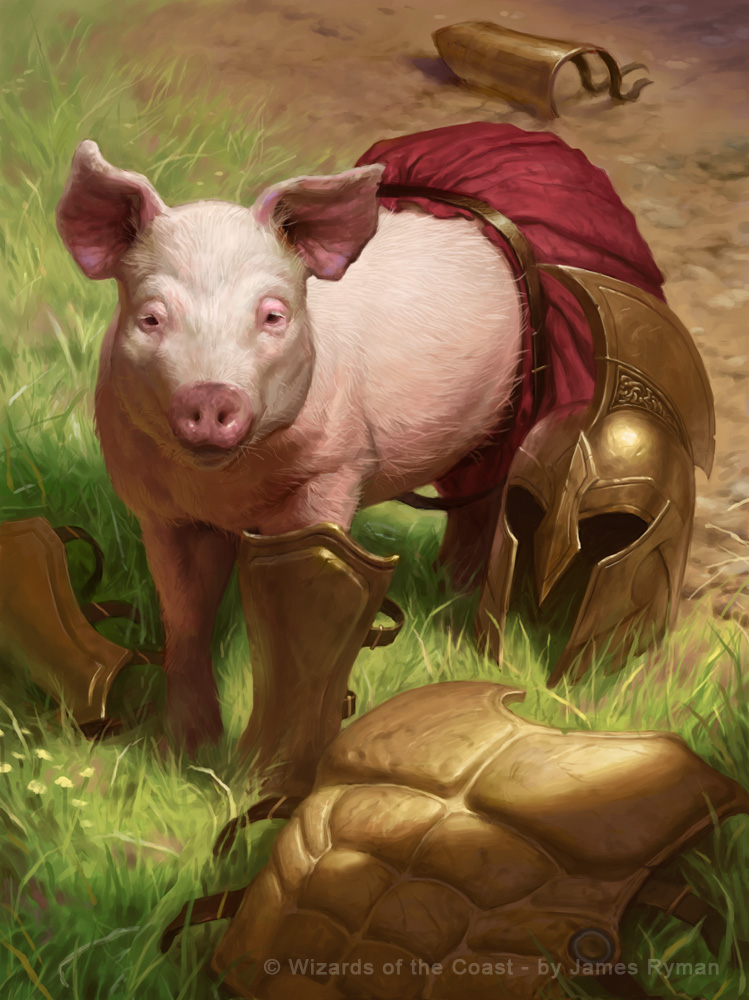 after_transformation armor belt bracers breastplate clothed clothed_feral clothing feral field grass greaves greek headgear helmet male outside plant solo james_ryman hasbro magic:_the_gathering wizards_of_the_coast domestic_pig mammal suid suina sus_(pig) official_art