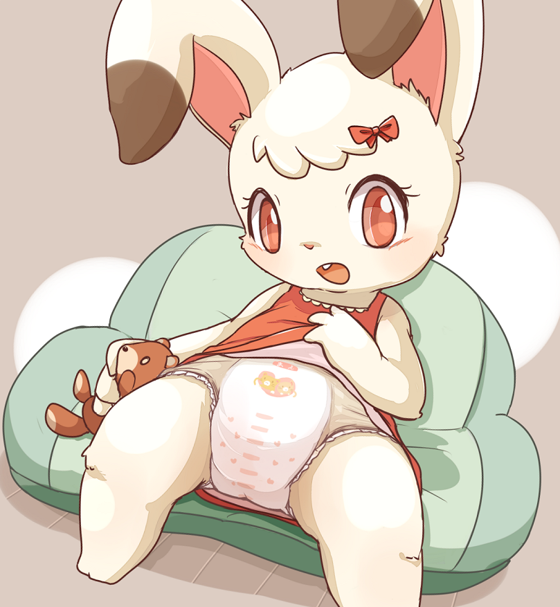 anthro bean_bag big_ears biped blush clothed clothing diaper dress female fur looking_at_viewer open_mouth plushie red_eyes ribbons sitting solo surprise wearing_diaper white_body white_fur young young_anthro mei_(artist) lagomorph leporid mammal rabbit 2017