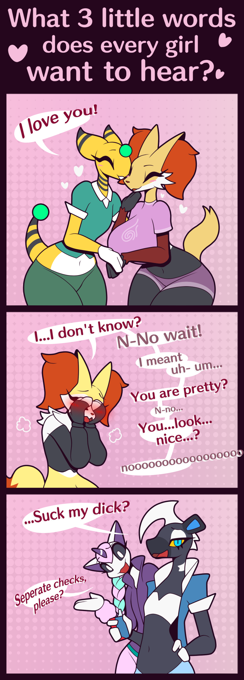 anthro anthrofied blush blush_lines blush_stickers blushing_profusely clothed clothing comic_panel covering covering_eyes covering_face covering_own_eyes covering_own_face dialogue embarrassed female femboy flustered happy heart_symbol horn humor looking_at_viewer male pokemorph romantic romantic_couple smile speech_bubble talking_to_viewer text thick_thighs wide_hips r-mk mythology nintendo pokemon delphox_waitress sweet_braixen ampharos blitzle braixen canid canine delphox equid equine fox galarian_form galarian_ponyta generation_1_pokemon generation_2_pokemon generation_5_pokemon generation_6_pokemon generation_8_pokemon mammal mythological_creature mythological_equine pokemon_(species) regional_form_(pokemon) unicorn 2024 comic english_text hi_res