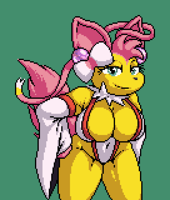 anthro bedroom_eyes big_breasts breasts cleavage clothed clothing eyewear female fur glasses green_eyes narrowed_eyes navel pink_body pink_fur pink_tail ribbons ribbons_(anatomy) seductive showing_chest smile smiling_at_viewer smirk smirking_at_viewer solo tail yellow_body yellow_fur isagoodfriend nintendo pokemon volt_(isagoodfriend) eeveelution generation_1_pokemon generation_6_pokemon jolteon pokemon_(species) sylveon