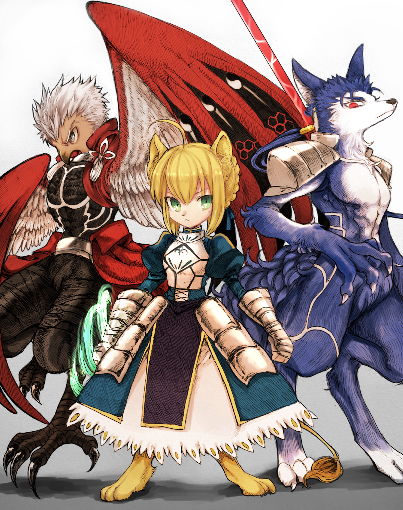 alternate_species anthro blonde_hair blue_body clothed clothing digitigrade female fur furrification group hair male muscular ribbons scar white_body white_fur takashi_(onikukku) fate_(series) type-moon archer_emiya artoria_pendragon lancer_cu_chulainn_child_of_light saber_artoria_pendragon accipitrid accipitriform avian bird canid canine canis felid lion mammal pantherine wolf