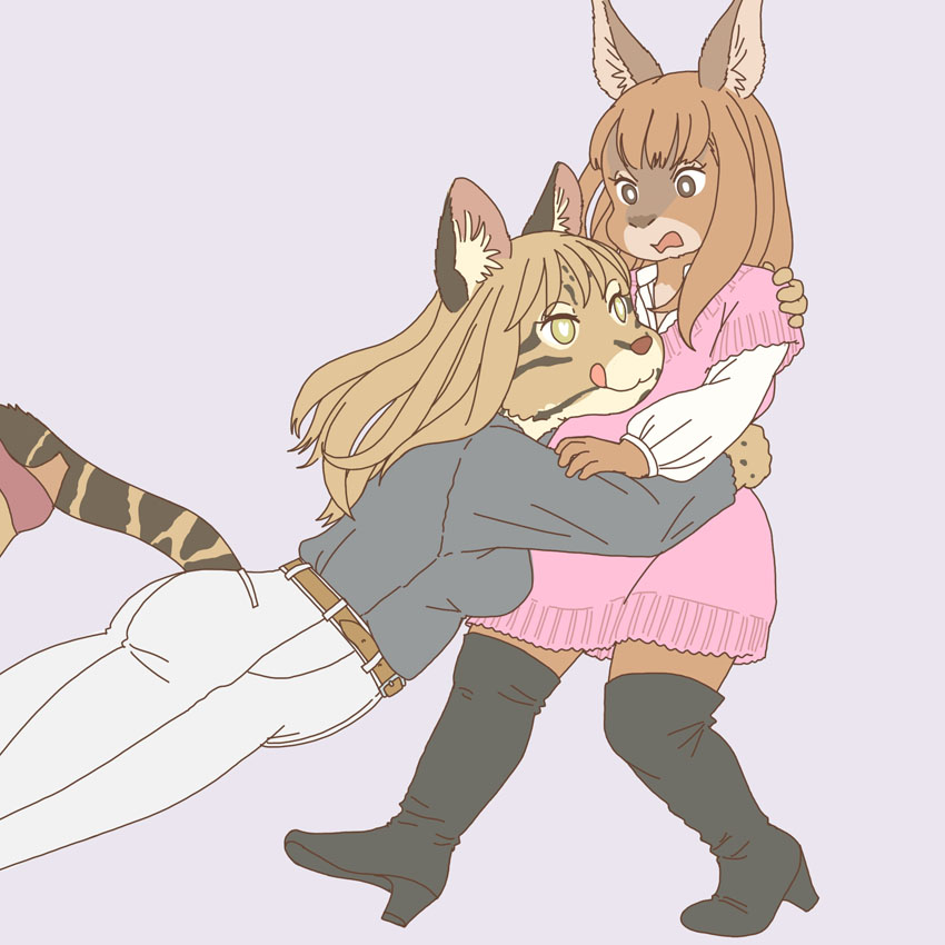 anthro boots clothed clothing duo female footwear heart_eyes heart_symbol high_heeled_boots high_heels kemono shoes tail ekaki510 caviid felid feline leopardus mammal mara_(genus) ocelot patagonian_mara rodent 1:1