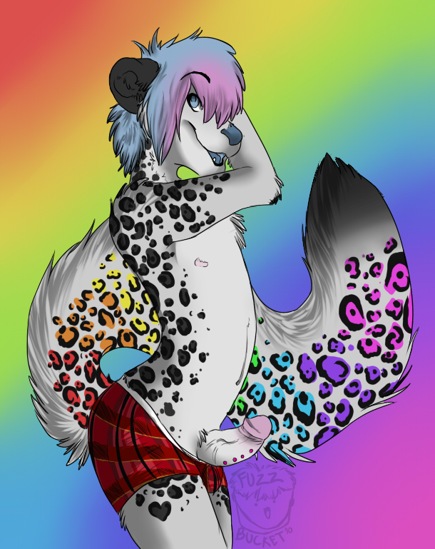 anthro blue_eyes butt clothing erection frenum_ladder frenum_piercing fur genital_piercing genitals gradient_hair hair ladder_piercing leopard_spots looking_at_viewer male multicolored_body multicolored_fur multicolored_hair nipples pattern_clothing penis penis_piercing piercing plaid plaid_clothing pose rainbow rainbow_body rainbow_fur rainbow_spots simple_background smile solo sparklefur spots tail teeth fuzzbucket felid leopard mammal pantherine snow_leopard colorful_theme