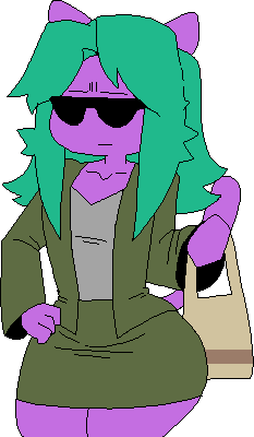 4_fingers anthro black_eyewear black_sunglasses bottomwear clothing eyewear female female_anthro fingers fur green_bottomwear green_clothing green_hair green_skirt green_suit hair hand_on_hip hand_on_own_hip holding_bag long_hair purple_body purple_ears purple_fur purple_tail simple_background skirt solo suit sunglasses tail wearing_sunglasses white_background subjectdie_(artist) kero_blaster studio_pixel shacho_(kero_blaster) domestic_cat felid feline felis mammal 2024 digital_drawing_(artwork) digital_media_(artwork) low_res