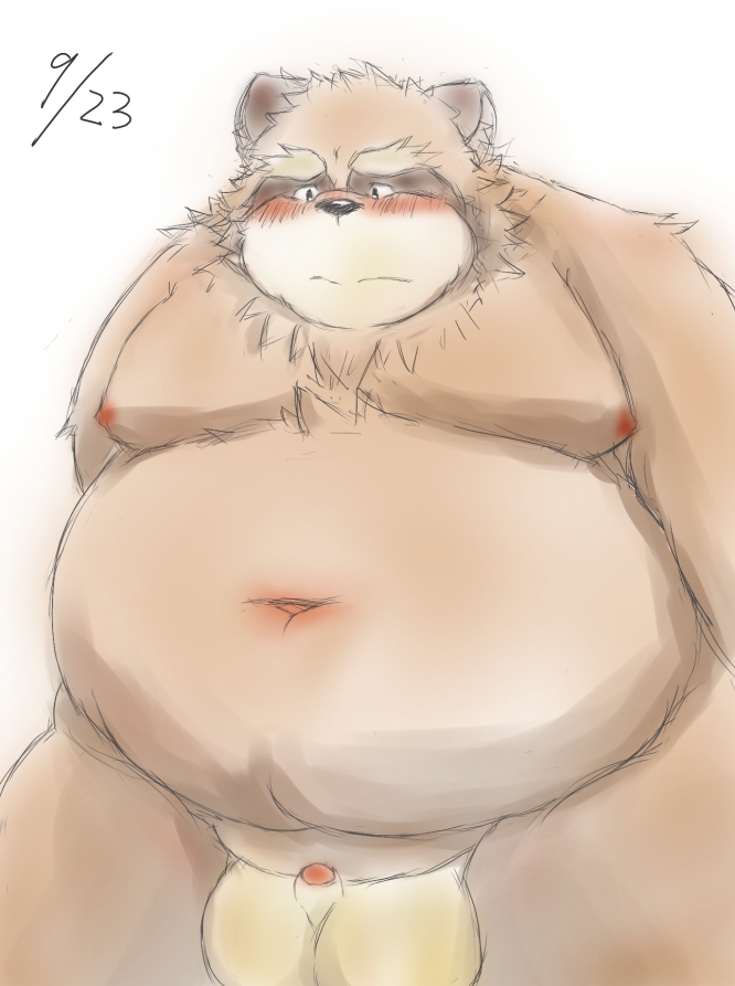 anthro balls belly big_balls blush brown_body brown_fur fur genitals kemono male moobs navel nipples overweight overweight_anthro overweight_male penis simple_background small_penis solo white_background ibuki_haruno canid canine mammal raccoon_dog tanuki 2012