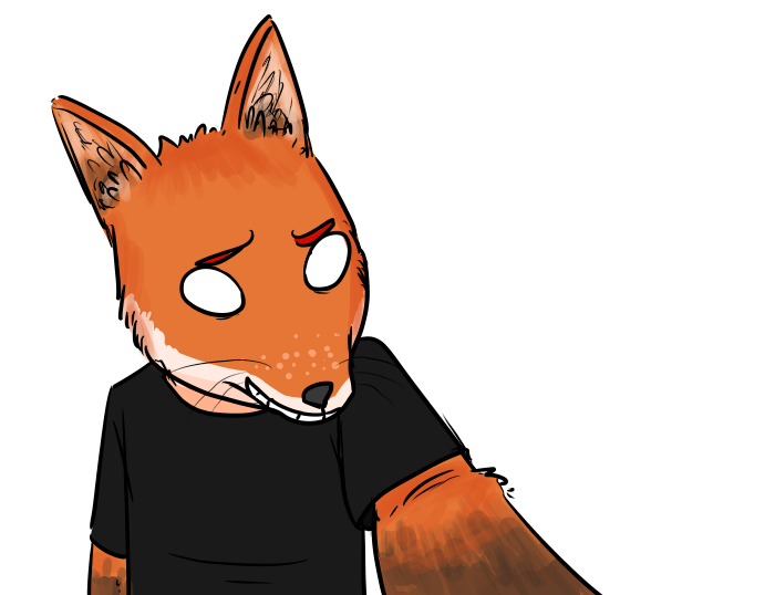 anthro black_clothing black_shirt black_topwear clothed clothing empty_eyes eyebrows fur inner_ear_fluff male orange_body orange_fur shirt simple_background smile snout solo teeth topwear tuft whiskers white_background white_body white_eyes white_fur mrkanman nan_quest santiago_(nq) canid canine fox mammal young_(lore)