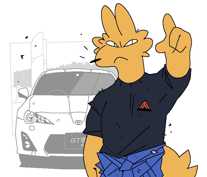 4_fingers anthro black_clothing black_nose black_shirt black_topwear blue_clothing blue_shirt blue_topwear car car_mirror car_window clothing clothing_around_waist fingers fur garage long_ears looking_at_viewer male orange_body orange_fur plant print_clothing print_shirt print_topwear shirt shirt_around_waist shrub simple_background solo steering_wheel topwear vehicle white_background sailaser toyota toyota_86 canid canine fox mammal 2023 colored