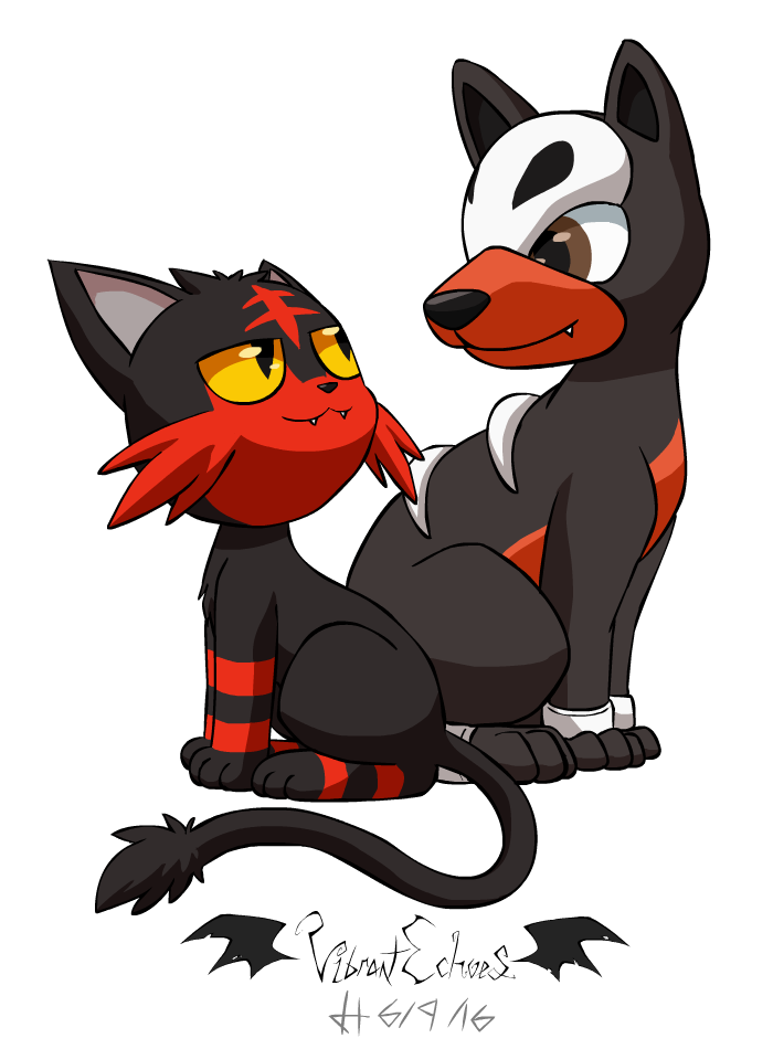 ambiguous_gender black_body black_fur duo feral fur red_body red_eyes red_fur simple_background smile transparent_background yellow_sclera vibrantechoes nintendo pokemon canid canine felid generation_2_pokemon generation_7_pokemon houndour litten mammal pokemon_(species) 2016 alpha_channel