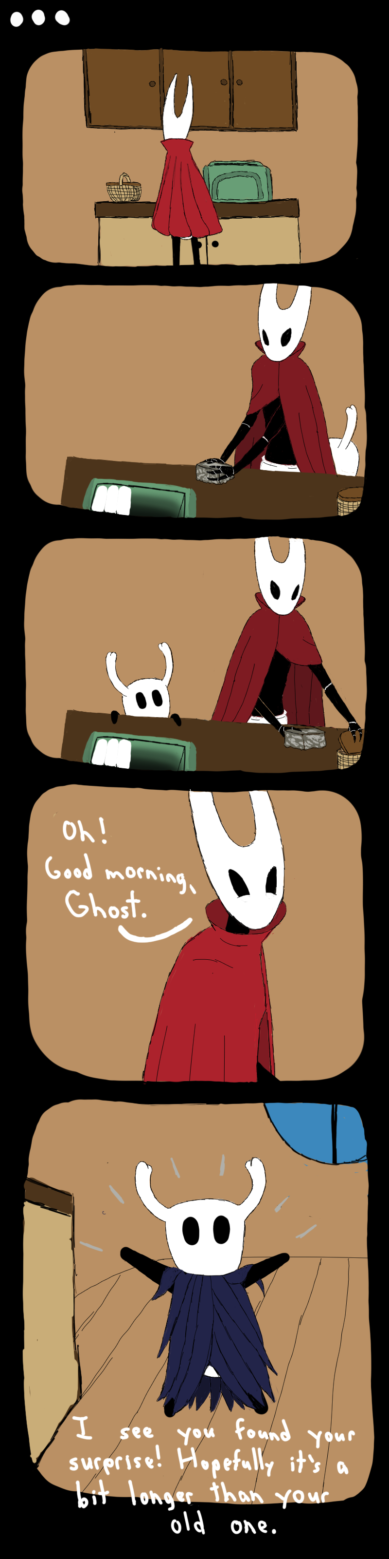 ambiguous_gender anthro black_body clean_diaper clothed clothing dialogue diaper diaper_fetish duo female size_difference text wearing_diaper soiledvessels hollow_knight team_cherry hornet_(hollow_knight) the_knight_(hollow_knight) arthropod insect vessel_(species) absurd_res comic digital_media_(artwork) english_text hi_res long_image tall_image