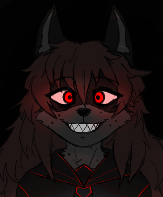 anthro clothed clothing eyebrow_through_hair eyebrows female fully_clothed glowing glowing_eyes grin hair hair_between_eyes long_hair looking_at_viewer sharp_teeth simple_background smile solo teeth toothy_grin translucent translucent_hair ringpaw canid canine canis mammal wolf 2024 low_res