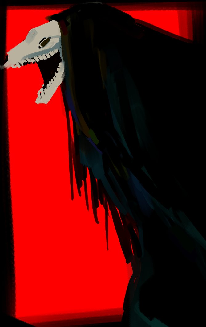 abstract_background ambiguous_gender black_body black_border bone border red_background simple_background skull skull_head solo teeth rekkadraws skull_creature 2025 digital_media_(artwork) digital_painting_(artwork) painting_(artwork) portrait