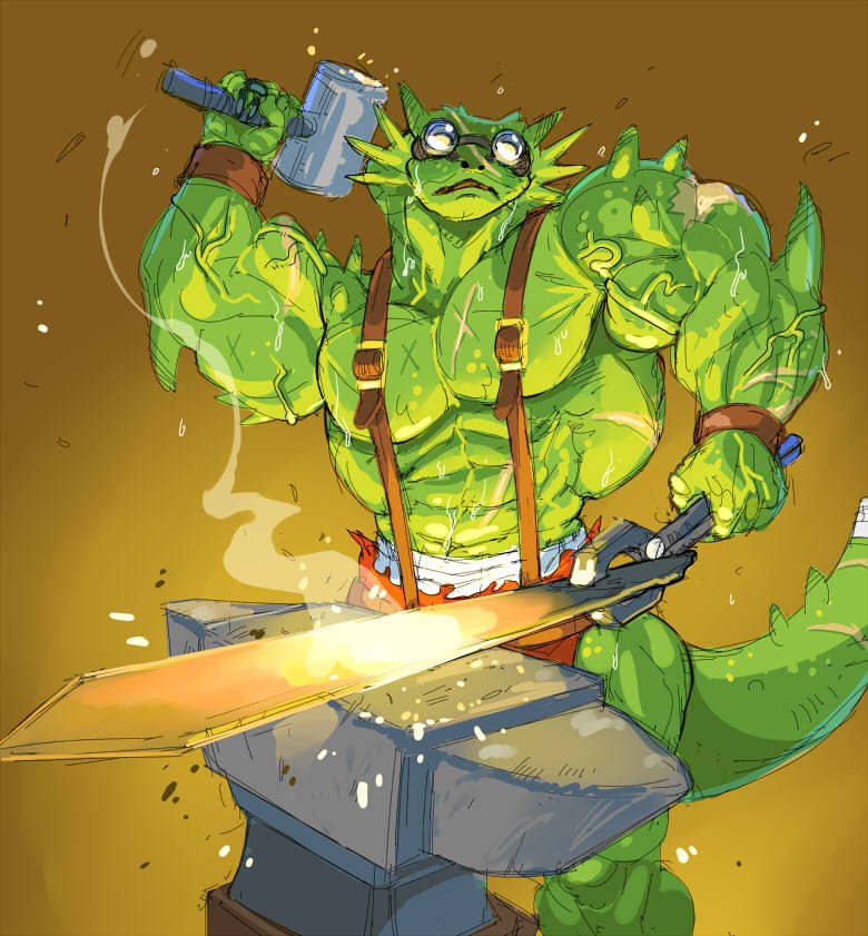 anthro anvil big_muscles blacksmith bodily_fluids bottomwear clothing eyewear goggles hammer holding_object hot_metal huge_muscles hyper hyper_muscles light_source male melee_weapon muscular open_mouth pants pincers solo sweat sword tools vein veiny_muscles weapon stagor55 lizard_blacksmith lizard reptile scalie 2015