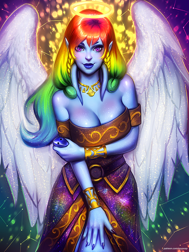 big_breasts blue_body blue_skin bracelet breasts cleavage clothed clothing dress feathered_wings feathers female hair halo jewelry long_nails multicolored_hair musical_instrument necklace not_furry ocarina pink_eyes rainbow_hair solo wind_instrument wings ayyasap eonbound xaessya angel humanoid phessian 3:4